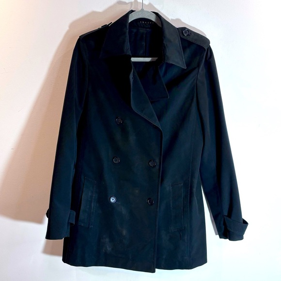 THEORY Sz M Canvas Pointy Lapel Double Breasted Lined Pockets Trench Coat Jacket - Picture 1 of 12